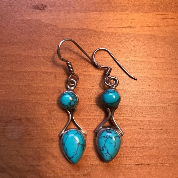 Handcrafted Turquoise and Silver Drop Earrings - Picture 2 of 4